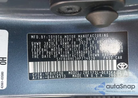 2017 Toyota Corolla Se z USA, uszkodzony, nr VIN 5YFBURHE3HP714028